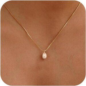 14K Gold Pearl Choker Necklace | Thin Box Chain Adjustable Pendant